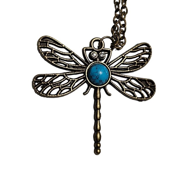 Vintage Dragonfly Pendant Necklace Turquoise Stone Bronze Chain Fashion Jewelry - Picture 3 of 6